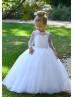 Long Sleeve Beaded White Tulle Flower Girl Dress